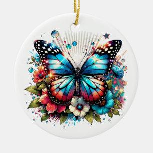 Décoration En Céramique Papillon bleu et fleurs Noël personnalisé