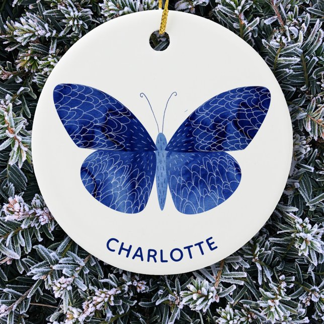 Décoration En Céramique Papillon d'aquarelle bleu personnalisé (Blue watercolor butterfly personalized name Christmas ornament)