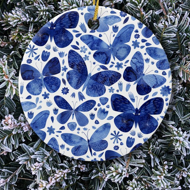Décoration En Céramique Papillons Aquarelle Bleu (Blue and white butterfly pattern  ceramic Christmas ornament)