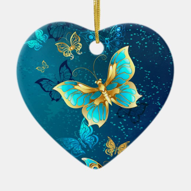 Décoration En Céramique Papillons d'or sur un Arrière - plan bleu (Devant)