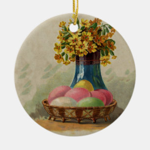 Décoration En Céramique Pâques Panier Œufs Fleurs Antique