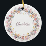 Décoration En Céramique Pastel floral personnalisé Nom de la couronne Noël<br><div class="desc">Pastel personnalisé Floral Wreath Nom de l'ornement en céramique de Noël</div>