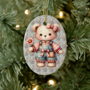 Décoration En Céramique Pastel Teddy Bear Holding Flower Wear Overalls