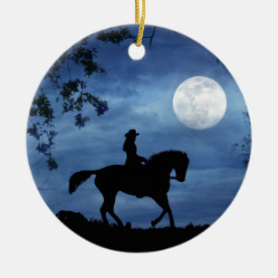 Décoration En Céramique Pays Western Cowgirl et Pleine lune de cheval