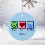 Décoration En Céramique Peace Love Hanoukka Cute Blue Personnalisé<br><div class="desc">Peace Love Hanoukka ornement pour une personne juive qui aime célébrer Chanukah ou Christmakkuh. Un joli signe de paix,  coeur,  et une belle menorah sur un joli cadeau de monogramme bleu.</div>