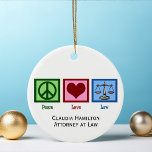 Décoration En Céramique Peace Love Law School Diplôme personnalisé Cadeau<br><div class="desc">Un signe de paix,  un coeur,  et les écailles de la justice font un joli cadeau de Noël pour un avocat ou un cadeau pour l'obtention d'un diplôme d'études de droit. Un juge ou un procureur apprécierait aussi ce présent monogrammé.</div>