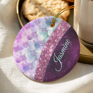 Décoration En Céramique Peau de sirène rose argent faux strass monogramme