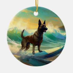 Décoration En Céramique Peinture de Surf sur Plage avec Malinois Belge