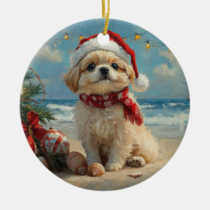Décoration En Céramique Pékinois Noël Vintage Plage