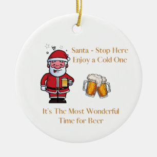 Décoration En Céramique Père Noël arrêtez ici avec une bière sur une