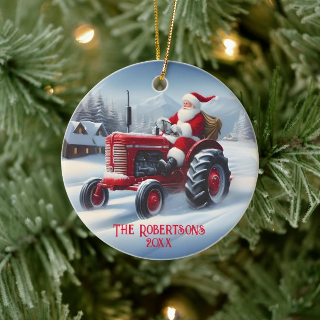 Décoration En Céramique Père Noël conduisant un tracteur rouge (Arbre)