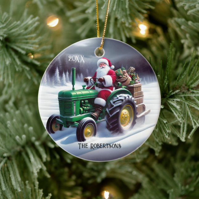 Décoration En Céramique Père Noël conduisant un tracteur vert (Arbre)
