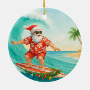 Décoration En Céramique Père Noël de Noël Surfeur Faisant du Surf sur une