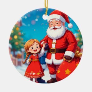 Décoration En Céramique Père Noël et fille avec un sac de cadeaux