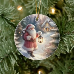 Décoration En Céramique Père Noël Lantern Walk Winter Cottage Scène