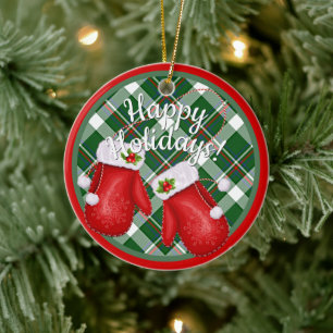 Décoration En Céramique Père Noël Mittens Rouge Vert Plaid Motif