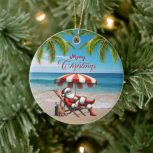 Décoration En Céramique Père Noël sous un parasol de plage de Noël