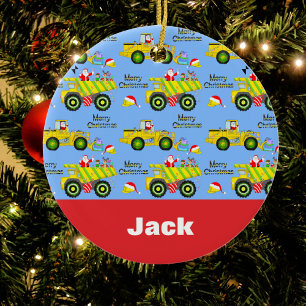 Décoration En Céramique Père Noël Sur Camion De Décharge Et Bulldozer Bleu