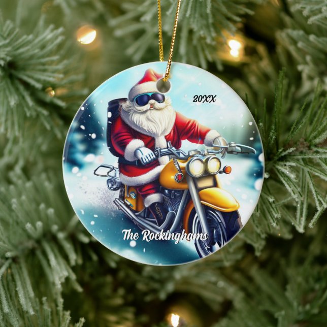 Décoration En Céramique Père Noël sur une moto dans la neige (Arbre)