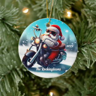 Décoration En Céramique Père Noël sur une moto dans la neige