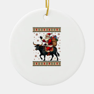 Décoration En Céramique Père Noël vintage chevauchant une vache des Highla
