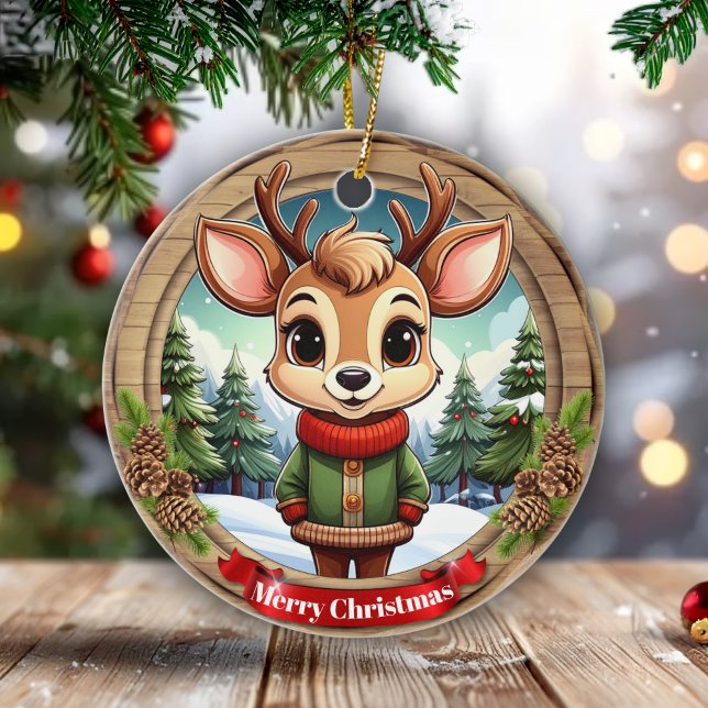 Décoration En Céramique Personalizable cute reindeer character Art 🦌🎄 (Personalizable cute reindeer character art xmas wildlife animal rustic pinecone ceramic ornament🦌🎄)