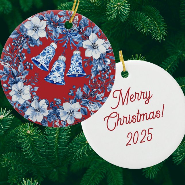 Décoration En Céramique Personalized Chinoiserie Blue White Wreath Bells (Personalize the back!)