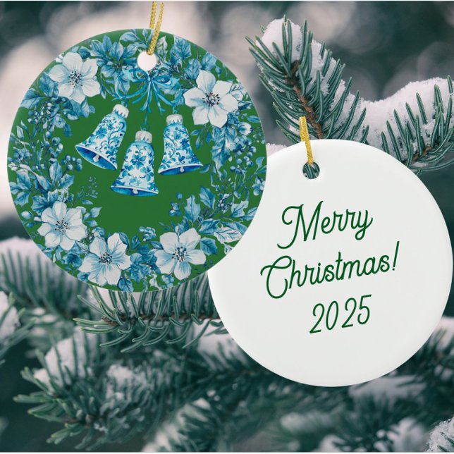 Décoration En Céramique Personalized Chinoiserie Blue White Wreath Bells (Personalize the back!)