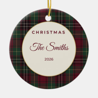 Décoration En Céramique Personalized Family Name Plaid Christmas Ornament