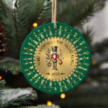 Décoration En Céramique Personalized Gold Green Christmas Nutcracker<br><div class="desc">Enhanced with a shimmering metallic gold background,  this festive Christmas nutcracker ornament stands out against a stunning gold diamond mandala design. Custom text in elegant black completes the luxurious holiday display.</div>