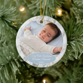 Décoration En Céramique Personalized Ornament With Photo On Blue Marble