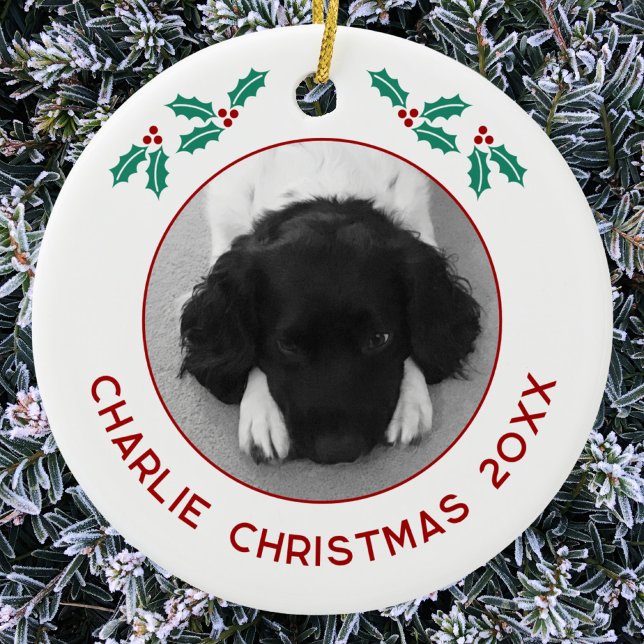 Décoration En Céramique Personalized Pet Puppy Dog Christmas Photo (Personalized custom name year puppy dog photo Christmas ceramic ornament for animal lovers)