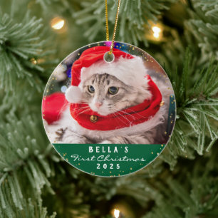 Décoration En Céramique Personnalisé 2 Photo Pet Cat Meowy Christmas Green