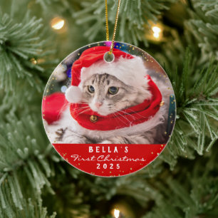Décoration En Céramique Personnalisé 2 Photo Pet Cat Meowy Noël Rouge