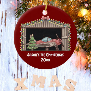 Décoration En Céramique Personnalisé, Avion rouge & Arbre, Premier Noël