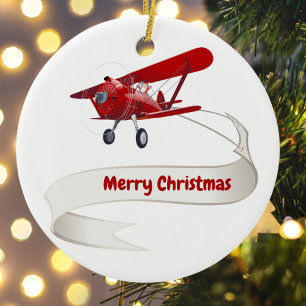 Décoration En Céramique Personnalisé, Avion rouge et Père Noël, Joyeux Noë