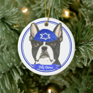 Décoration En Céramique Personnalisé Boston Terrier Hanoukka Yarmulke Blue