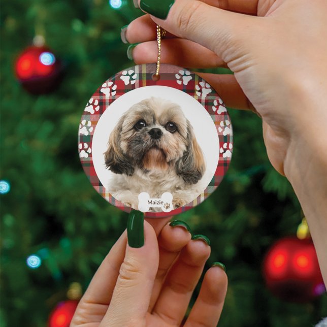 Décoration En Céramique Personnalisé Chien Tzu Chien Animal de Compagnie P (Cute Shih Dog Red Plaid Custom Circle Ceramic Ornament)