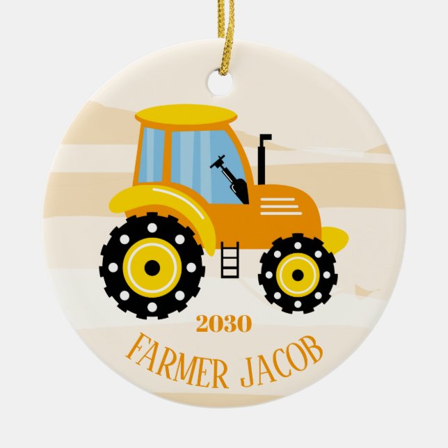 Décoration En Céramique Personnalisé Garçons Jaune Tracteur Noël (Devant)