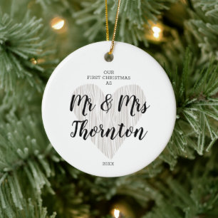 Décoration En Céramique Personnalisé Mr & Mrs Simple Faux Bois Coeur Noël