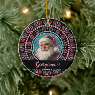 Décoration En Céramique Personnalisé Retro Père Noël Pinkmas Floral Mandal