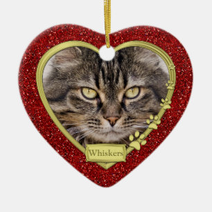 Décoration En Céramique Pet Cat Memorial Rouge Gold Heart Photo Noël