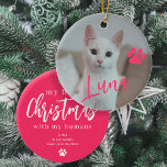 Décoration En Céramique Pet chat de animal photo nom page Premier Noël per<br><div class="desc">Téléchargez votre photo préférée (de préférence carré),  insérez votre texte,  et faites de ces modernes tendance ajouter votre nom de animal de compagnie rose script ornement arbre de Noël un cadeau de souvenir pour vous rappeler votre premier Noël avec votre chaton adorable!</div>