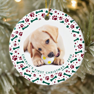 Décoration En Céramique Pet Custom 2 Dog Photo Paw Prints Bones Christmas
