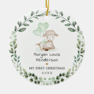 Décoration En Céramique Petit agneau vert Wreath Baby Premier Noël