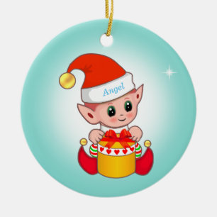 Décoration En Céramique Petit lutin de Noël et étoile sur fond bleu clair