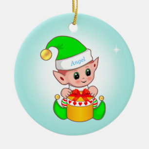 Décoration En Céramique Petit lutin de Noël et étoile sur fond bleu clair