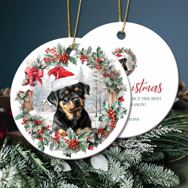 Décoration En Céramique Petit Noël rottweiler chien chiot de chien chapeau (Cute Christmas rottweiler dog puppy Santa hat Ceramic Ornament)