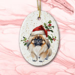 Décoration En Céramique Petit Pekingese Chien Christmas Holly<br><div class="desc">L'image sur le devant de ce joli ornement de vacances est celle d'un chien Pekingese portant un casquette de Père Noël rouge et blanc. Derrière lui se trouve une branche de baies saintes et rouges. De minuscules confettis d'or sur un arrière - plan blanc donnent un peu de parties scintillant...</div>
