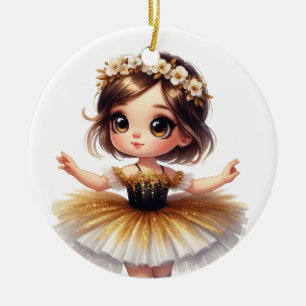 DÉCORATION EN CÉRAMIQUE PETITE BALLERINE MIGNONNE EN TUTU NOIR ET OR